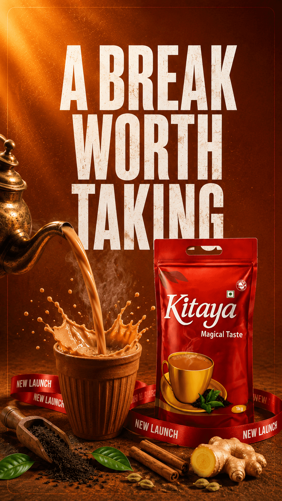 Kitaya Assam chai being poured, with a Kitaya Magical Taste pack